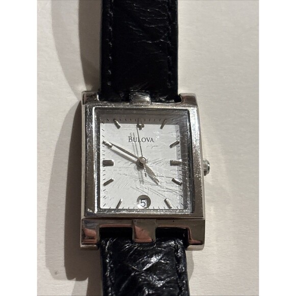 Bulova Tank Watch Women 21mm White Dial Silver Black Leather Band New Battery main image 4